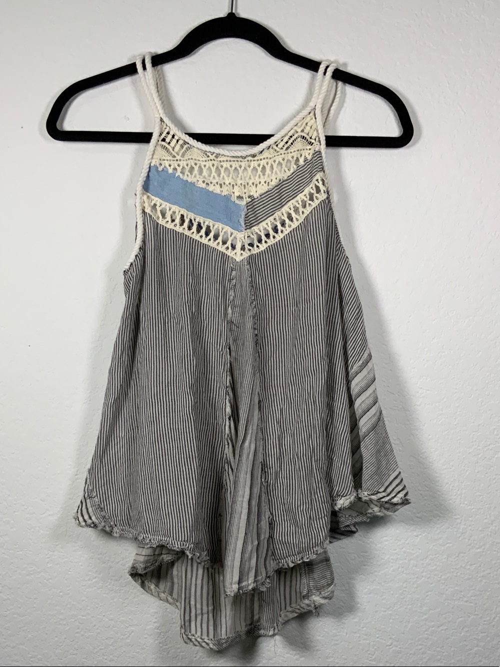 Free People Striped Crochet Yoke Tank in Cream and Blue Accent